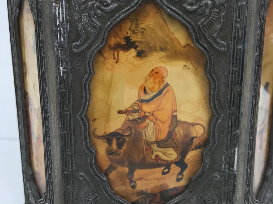 Signed Chinese Pewter Tea Kettle Teapot With Glass Paintings On Sides [Photo 8]