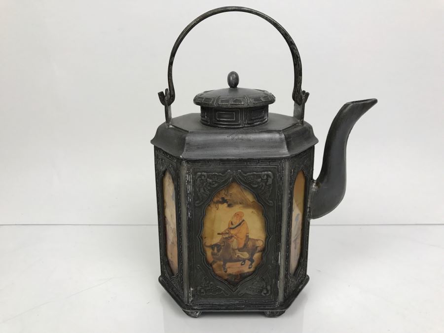 Signed Chinese Pewter Tea Kettle Teapot With Glass Paintings On Sides