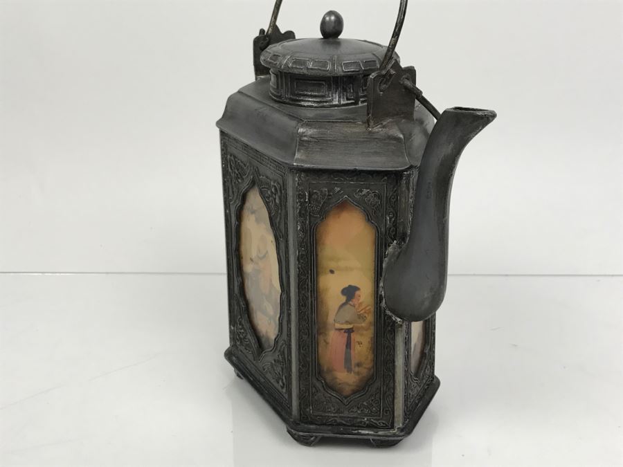 Signed Chinese Pewter Tea Kettle Teapot With Glass Paintings On Sides [Photo 11]