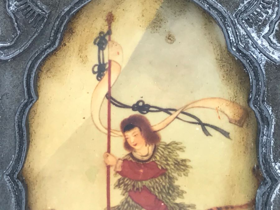 Signed Chinese Pewter Tea Kettle Teapot With Glass Paintings On Sides [Photo 26]