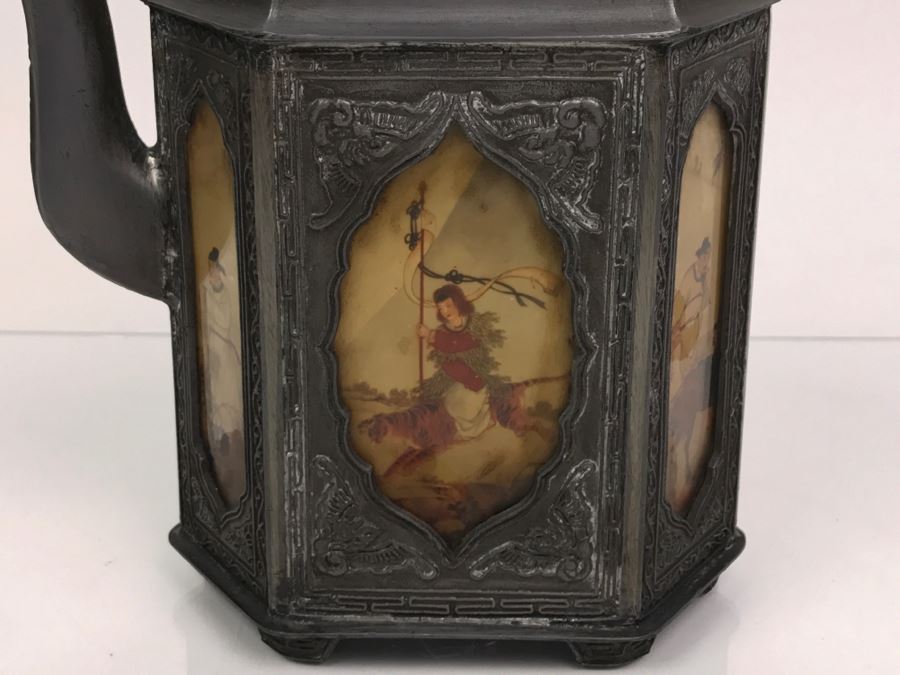 Signed Chinese Pewter Tea Kettle Teapot With Glass Paintings On Sides [Photo 3]