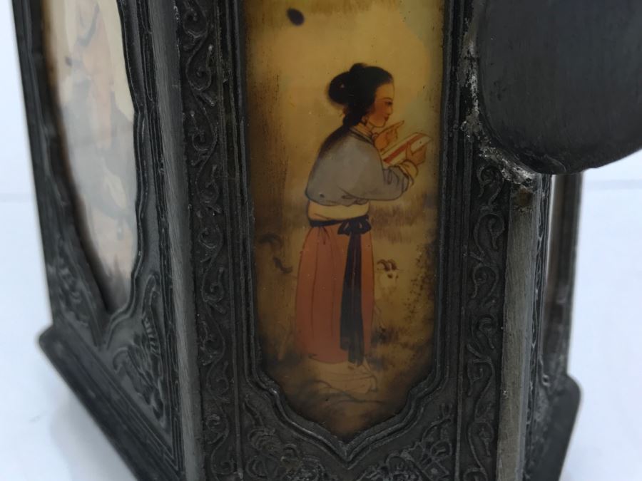 Signed Chinese Pewter Tea Kettle Teapot With Glass Paintings On Sides [Photo 13]