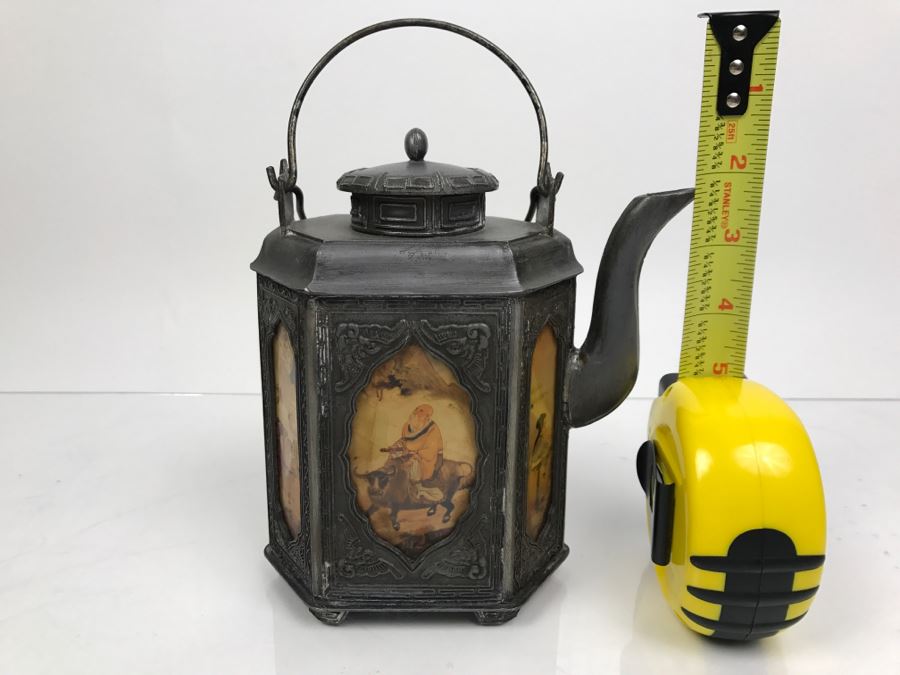 Signed Chinese Pewter Tea Kettle Teapot With Glass Paintings On Sides [Photo 5]