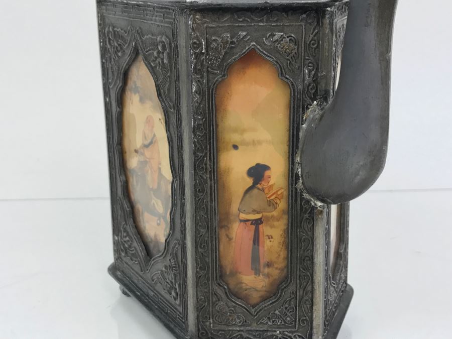 Signed Chinese Pewter Tea Kettle Teapot With Glass Paintings On Sides [Photo 12]