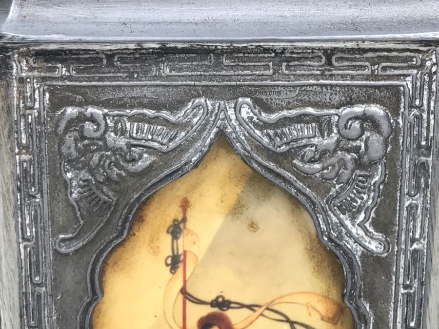 Signed Chinese Pewter Tea Kettle Teapot With Glass Paintings On Sides [Photo 37]