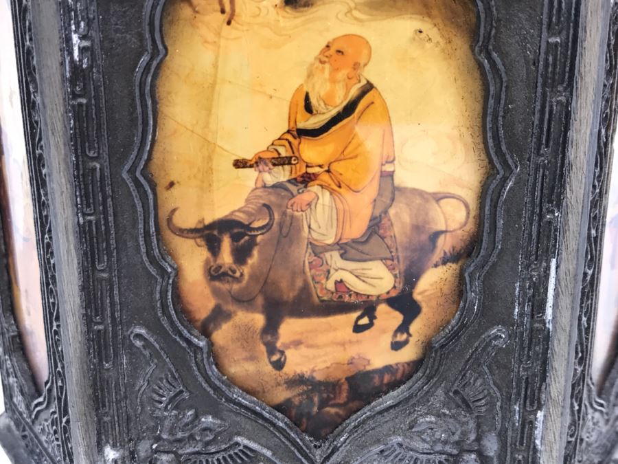 Signed Chinese Pewter Tea Kettle Teapot With Glass Paintings On Sides [Photo 9]