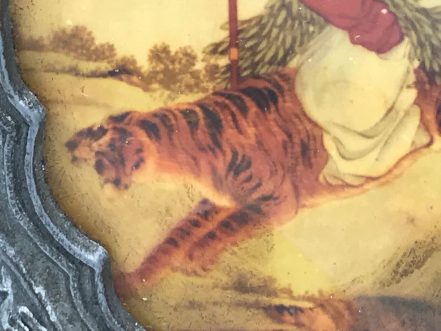 Signed Chinese Pewter Tea Kettle Teapot With Glass Paintings On Sides [Photo 27]