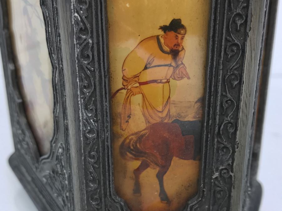 Signed Chinese Pewter Tea Kettle Teapot With Glass Paintings On Sides [Photo 20]