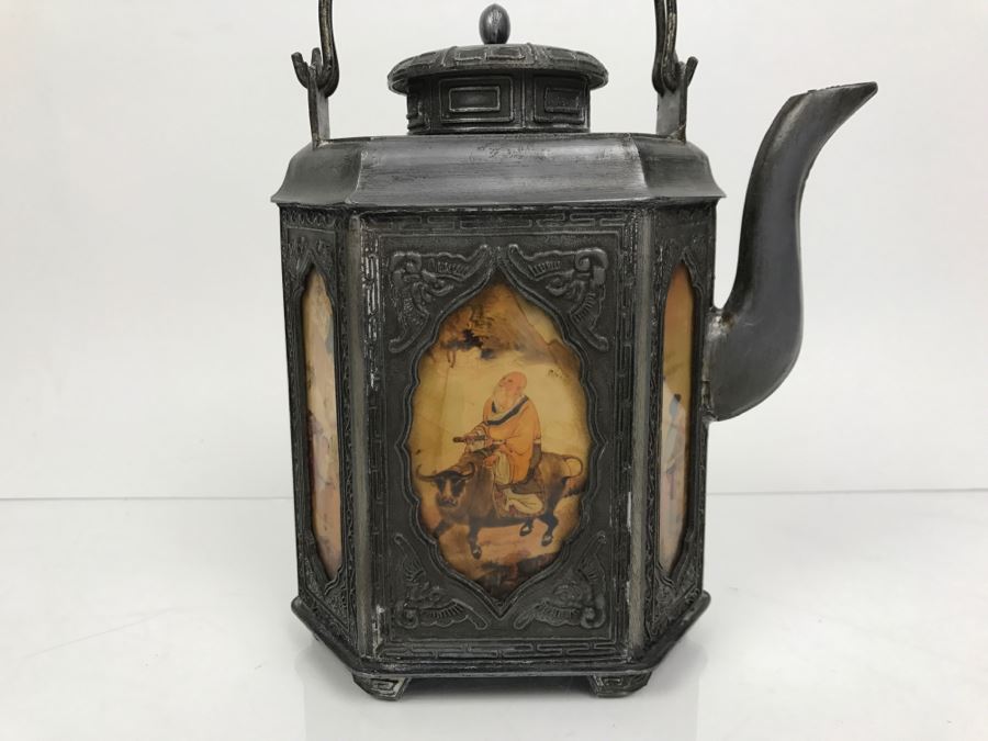 Signed Chinese Pewter Tea Kettle Teapot With Glass Paintings On Sides [Photo 7]