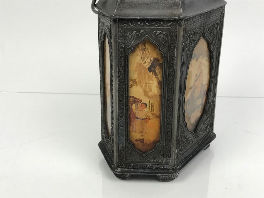 Signed Chinese Pewter Tea Kettle Teapot With Glass Paintings On Sides [Photo 15]