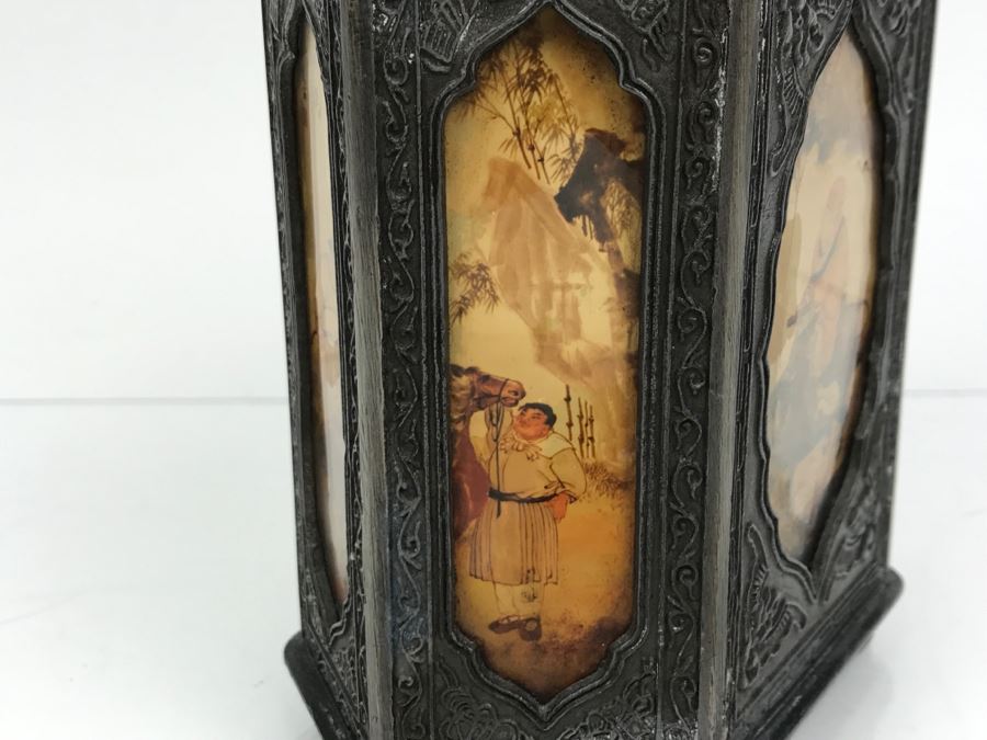 Signed Chinese Pewter Tea Kettle Teapot With Glass Paintings On Sides [Photo 16]