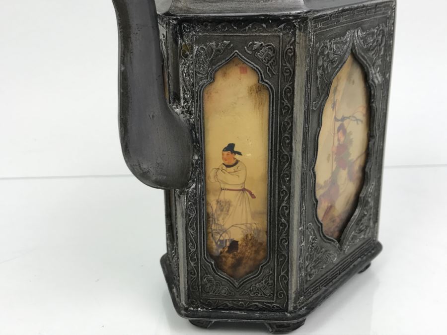 Signed Chinese Pewter Tea Kettle Teapot With Glass Paintings On Sides [Photo 30]