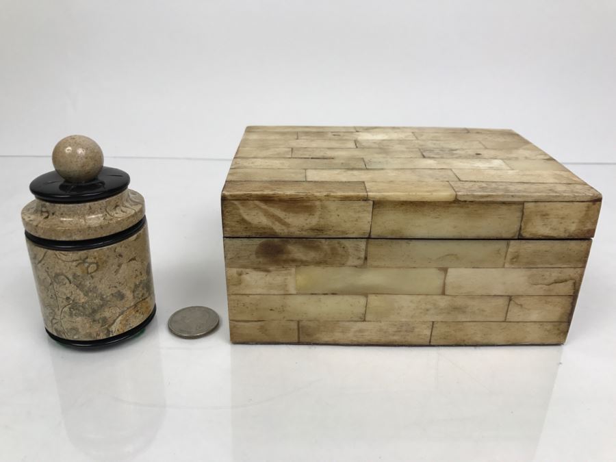 Vintage Bone Inlay Box And Signed Fossil Stone Jar With Lid By Pacheco Anderson 1 Of 1 [Photo 1]