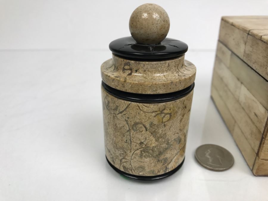 Vintage Bone Inlay Box And Signed Fossil Stone Jar With Lid By Pacheco Anderson 1 Of 1 [Photo 2]