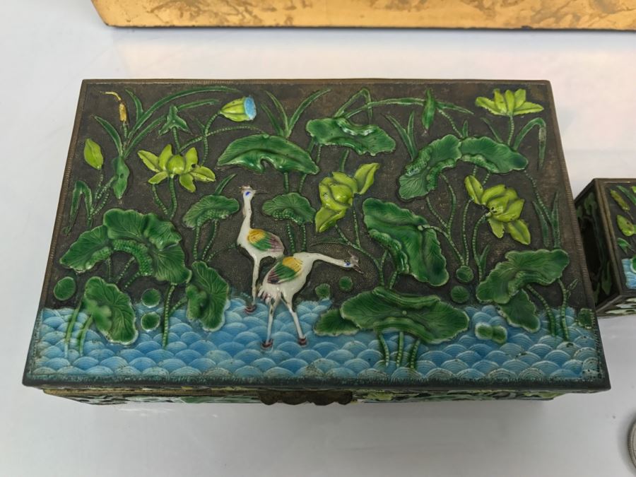 Vintage Chinese Enamel Box, Match Holder, Tray Set And Chinese Gold Box [Photo 2]