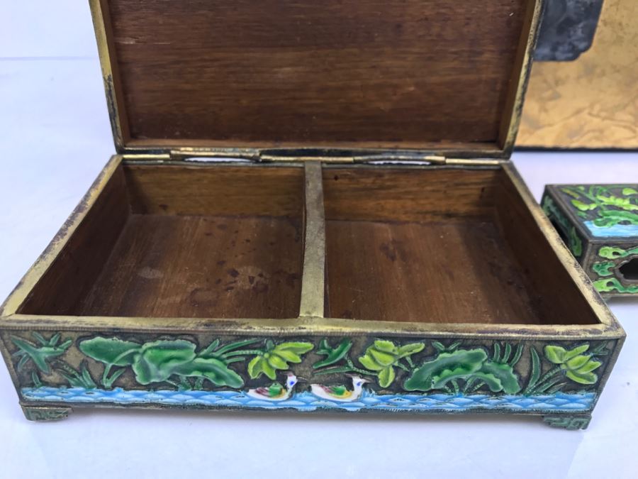 Vintage Chinese Enamel Box, Match Holder, Tray Set And Chinese Gold Box [Photo 13]
