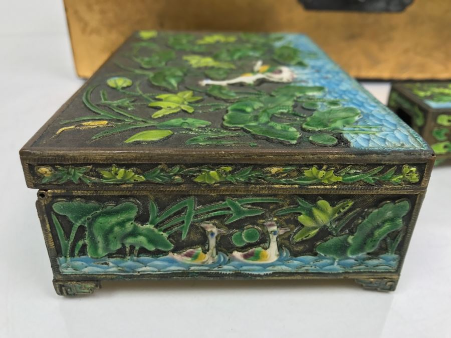 Vintage Chinese Enamel Box, Match Holder, Tray Set And Chinese Gold Box [Photo 9]