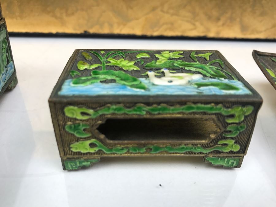 Vintage Chinese Enamel Box, Match Holder, Tray Set And Chinese Gold Box [Photo 15]
