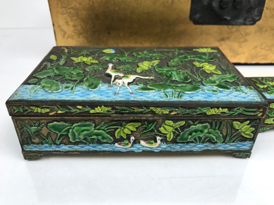 Vintage Chinese Enamel Box, Match Holder, Tray Set And Chinese Gold Box [Photo 3]