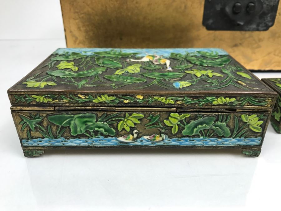 Vintage Chinese Enamel Box, Match Holder, Tray Set And Chinese Gold Box [Photo 10]