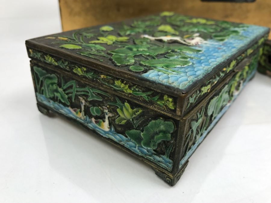 Vintage Chinese Enamel Box, Match Holder, Tray Set And Chinese Gold Box [Photo 8]