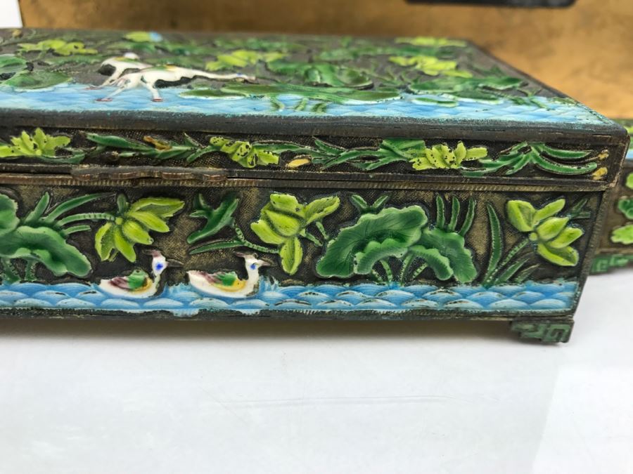 Vintage Chinese Enamel Box, Match Holder, Tray Set And Chinese Gold Box [Photo 5]