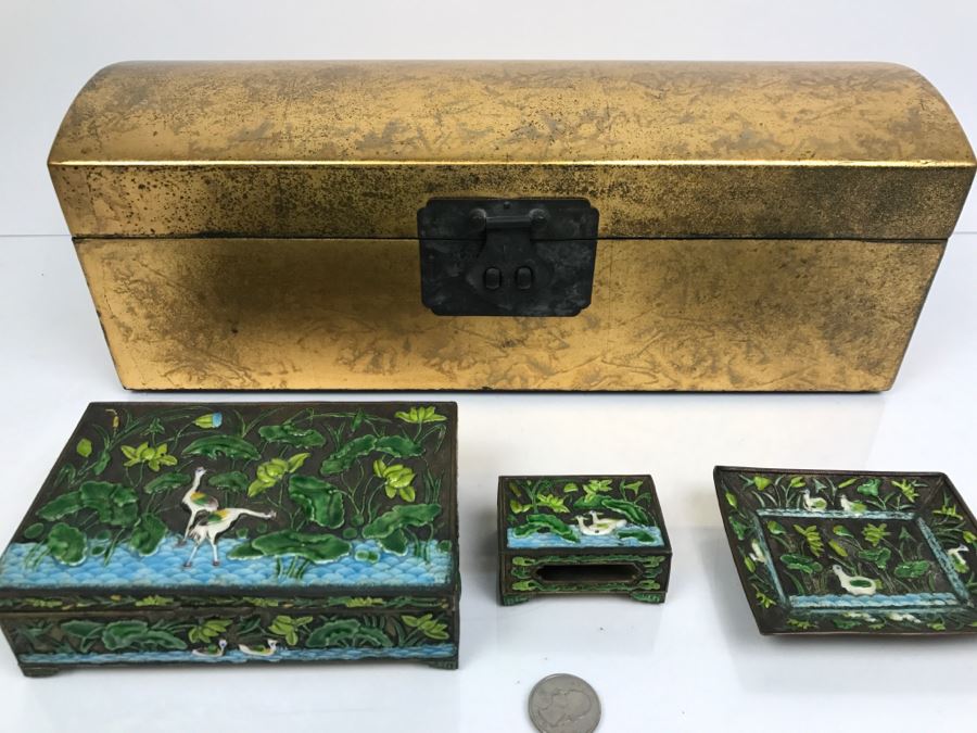Vintage Chinese Enamel Box, Match Holder, Tray Set And Chinese Gold Box [Photo 1]