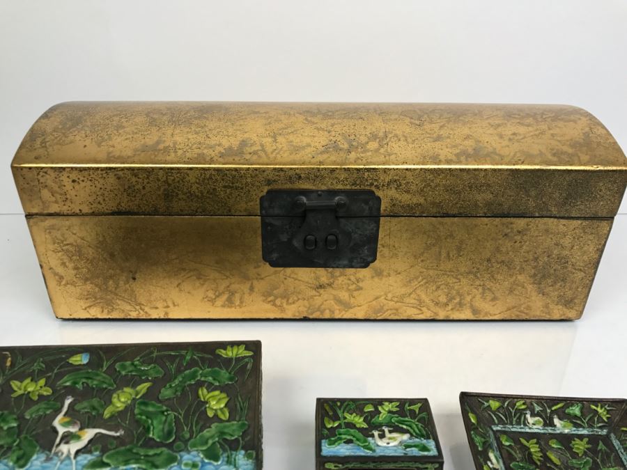 Vintage Chinese Enamel Box, Match Holder, Tray Set And Chinese Gold Box [Photo 19]