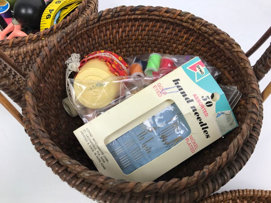 2-Tier Sewing Basket Filled With Sewing Supplies - See Photos (Handle Is Unravelling) [Photo 18]