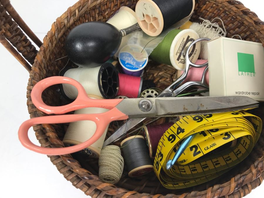 2-Tier Sewing Basket Filled With Sewing Supplies - See Photos (Handle Is Unravelling) [Photo 16]