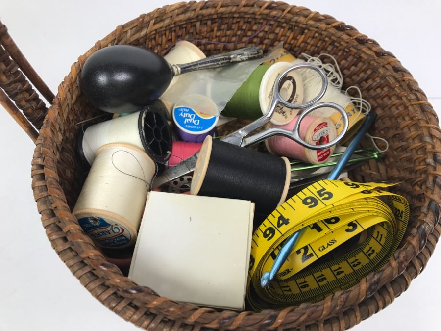 2-Tier Sewing Basket Filled With Sewing Supplies - See Photos (Handle Is Unravelling) [Photo 7]