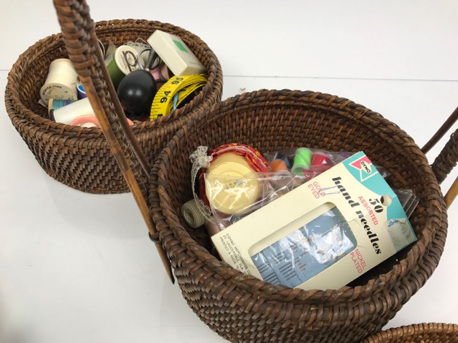 2-Tier Sewing Basket Filled With Sewing Supplies - See Photos (Handle Is Unravelling) [Photo 5]