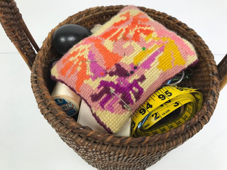 2-Tier Sewing Basket Filled With Sewing Supplies - See Photos (Handle Is Unravelling) [Photo 2]