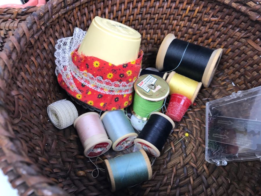 2-Tier Sewing Basket Filled With Sewing Supplies - See Photos (Handle Is Unravelling) [Photo 20]