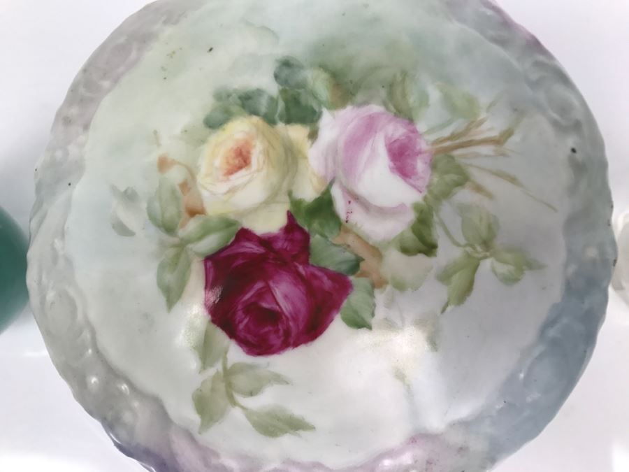 Hand Painted French Jar T&V France, Hand Painted Glass Bottle With Stopper And Small Jar [Photo 3]
