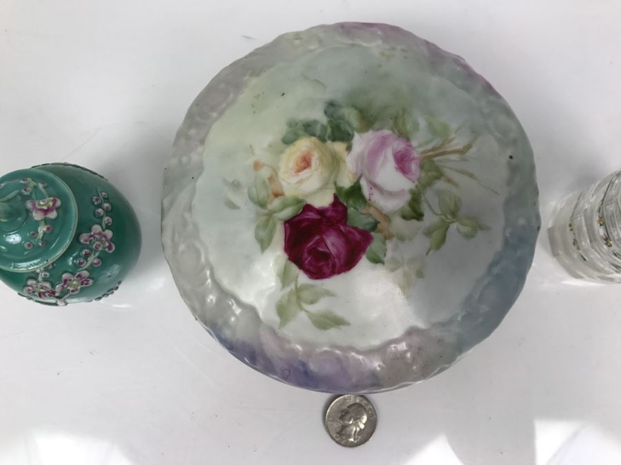 Hand Painted French Jar T&V France, Hand Painted Glass Bottle With Stopper And Small Jar [Photo 2]