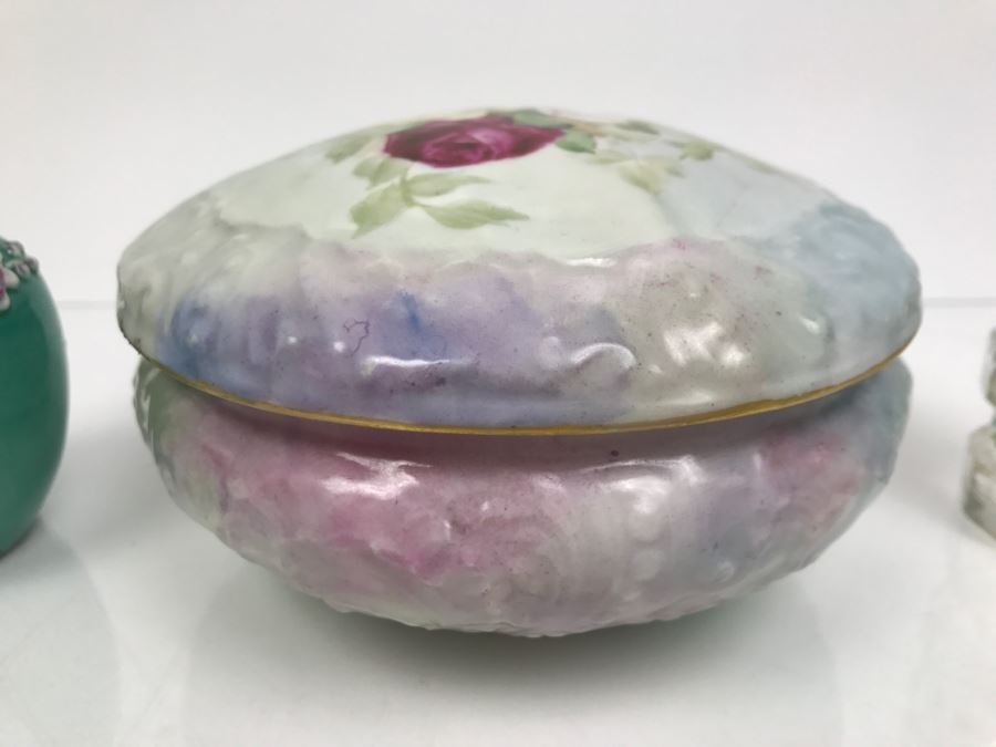 Hand Painted French Jar T&V France, Hand Painted Glass Bottle With Stopper And Small Jar [Photo 5]