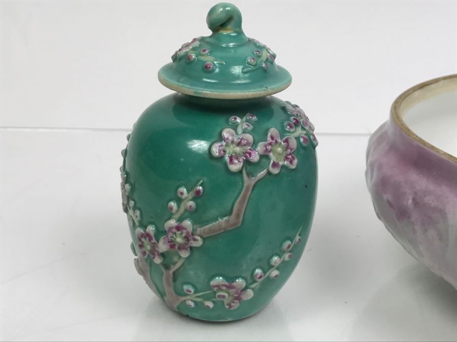 Hand Painted French Jar T&V France, Hand Painted Glass Bottle With Stopper And Small Jar [Photo 12]