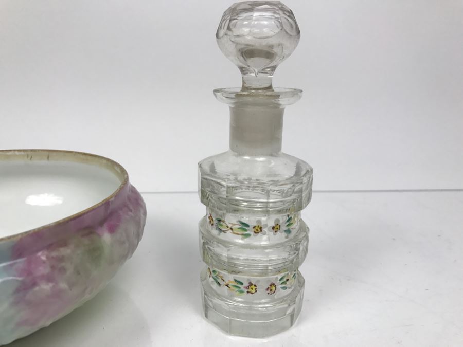 Hand Painted French Jar T&V France, Hand Painted Glass Bottle With Stopper And Small Jar [Photo 9]