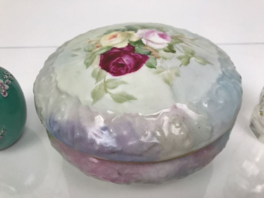 Hand Painted French Jar T&V France, Hand Painted Glass Bottle With Stopper And Small Jar [Photo 4]