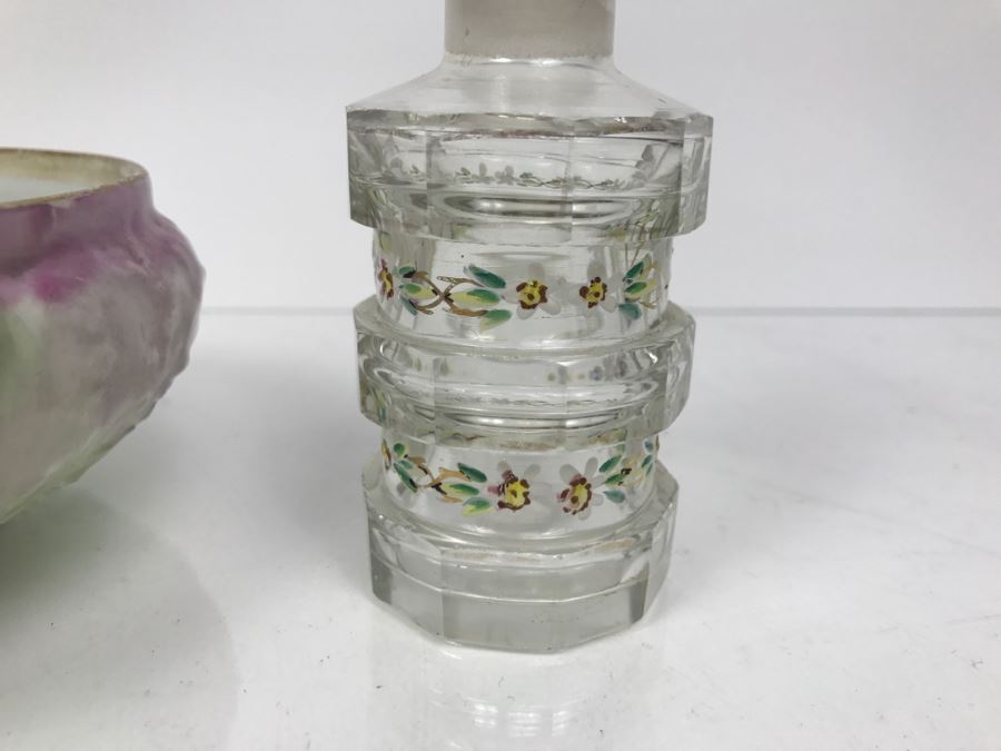 Hand Painted French Jar T&V France, Hand Painted Glass Bottle With Stopper And Small Jar [Photo 10]