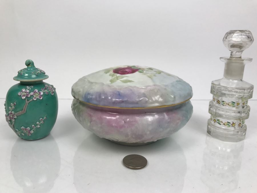 Hand Painted French Jar T&V France, Hand Painted Glass Bottle With Stopper And Small Jar [Photo 1]