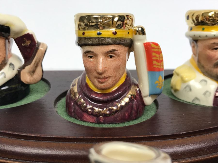 Limited Edition Royal Doulton Miniature Mini Toby Mugs Kings Set Of Kings And Queens Of England With Wooden Display Stand Number 595 Of Set [Photo 7]