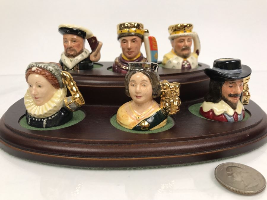 Limited Edition Royal Doulton Miniature Mini Toby Mugs Kings Set Of Kings And Queens Of England With Wooden Display Stand Number 595 Of Set [Photo 3]