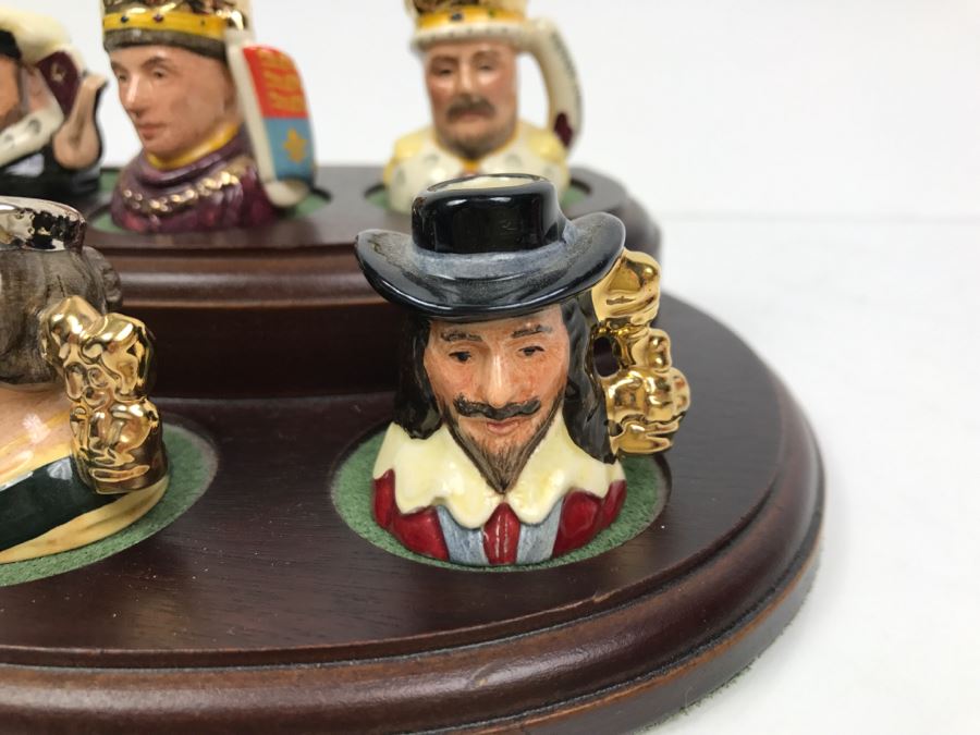 Limited Edition Royal Doulton Miniature Mini Toby Mugs Kings Set Of Kings And Queens Of England With Wooden Display Stand Number 595 Of Set [Photo 6]