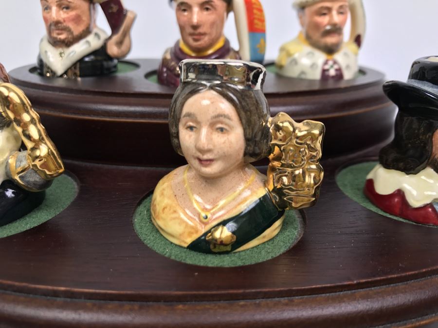 Limited Edition Royal Doulton Miniature Mini Toby Mugs Kings Set Of Kings And Queens Of England With Wooden Display Stand Number 595 Of Set [Photo 4]