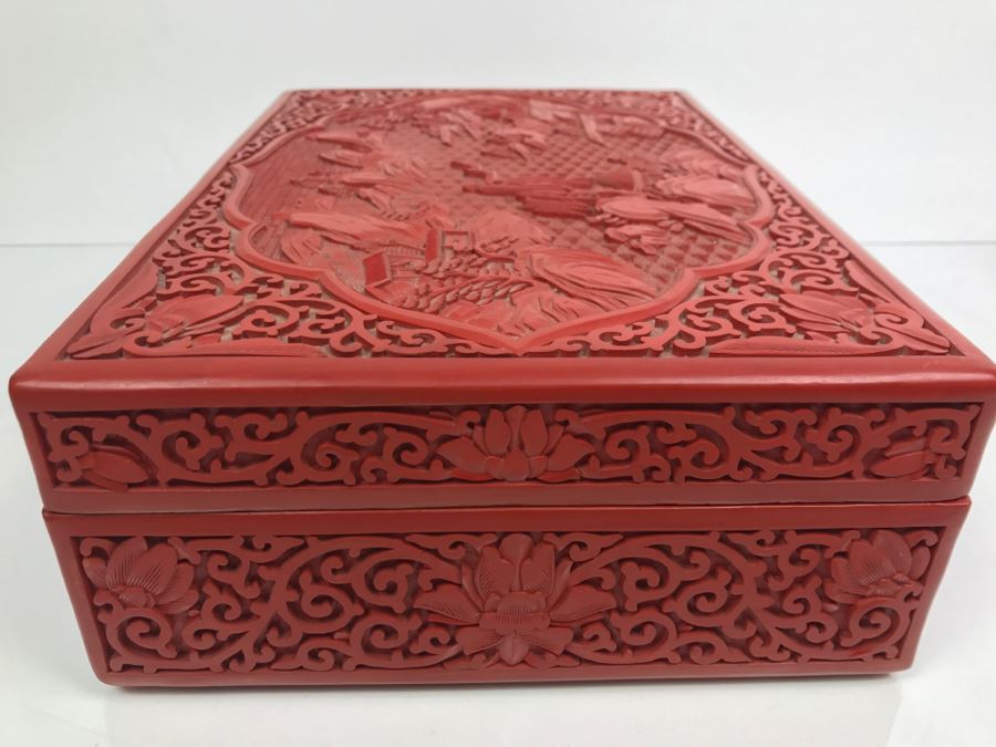 Vintage Chinese Red Cinnabar Lacquer Rectangular Box With Landscape Scene On Top [Photo 13]