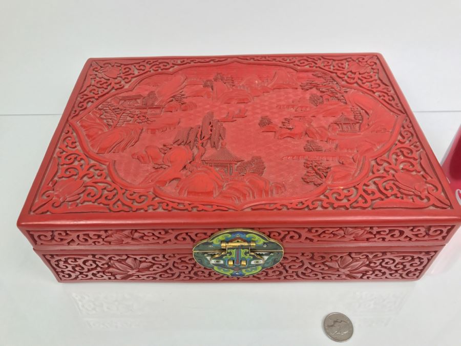 Vintage Chinese Red Cinnabar Lacquer Rectangular Box With Landscape Scene On Top [Photo 4]