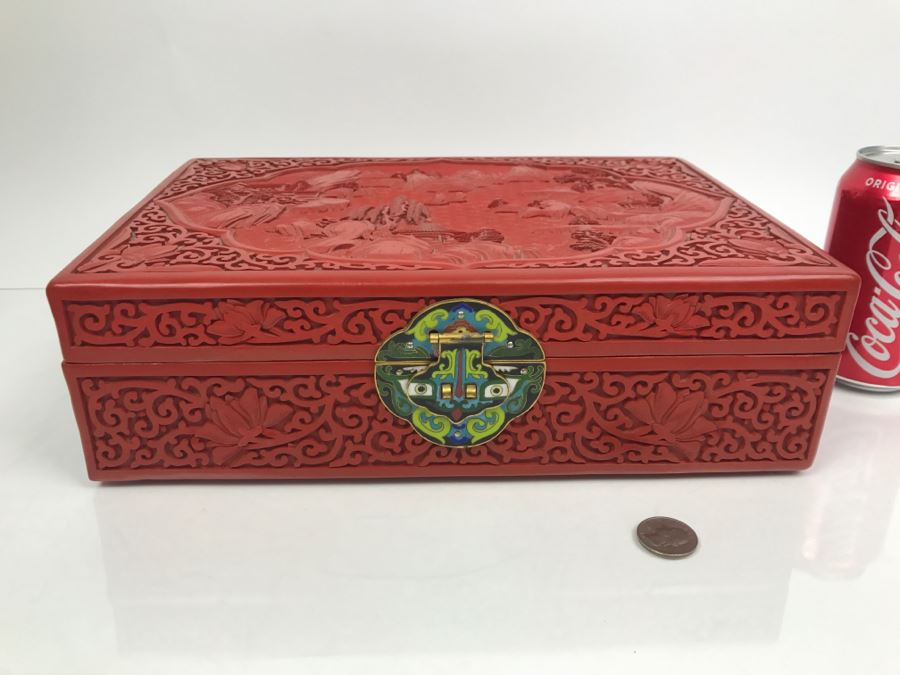 Vintage Chinese Red Cinnabar Lacquer Rectangular Box With Landscape Scene On Top [Photo 1]