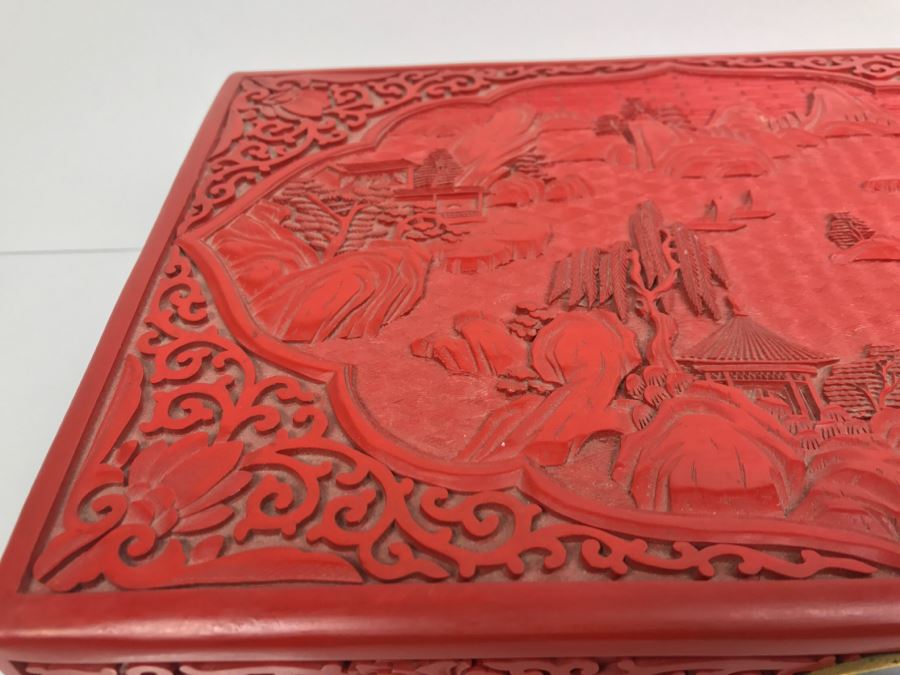 Vintage Chinese Red Cinnabar Lacquer Rectangular Box With Landscape Scene On Top [Photo 8]